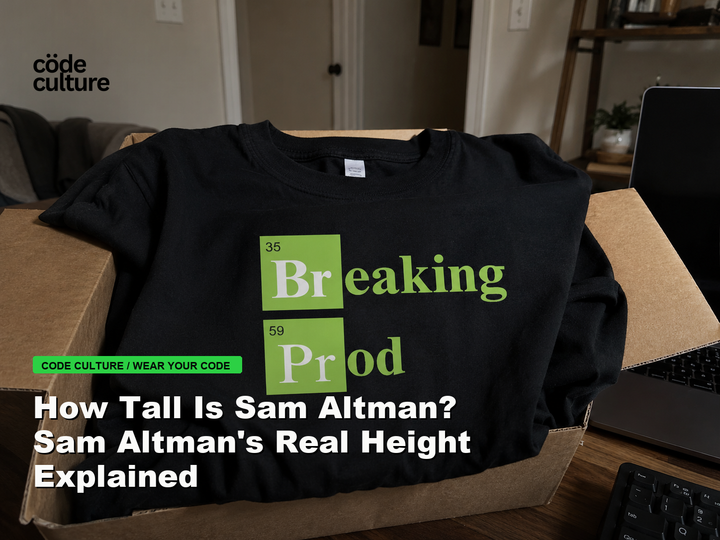 Code Culture blog banner for How Tall Is Sam Altman? Sam Altman's Real Height Explained, featuring a 35 breaking 59 prod developer t-shirt.