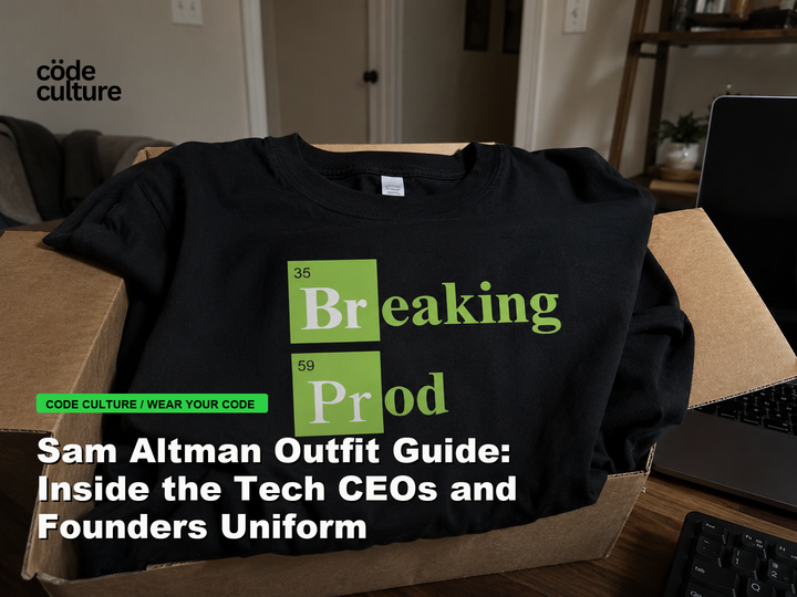 Code Culture blog banner for Sam Altman Outfit Guide: Inside the Tech CEOs and Founders Uniform, featuring a 35 breaking 59 prod developer t-shirt.