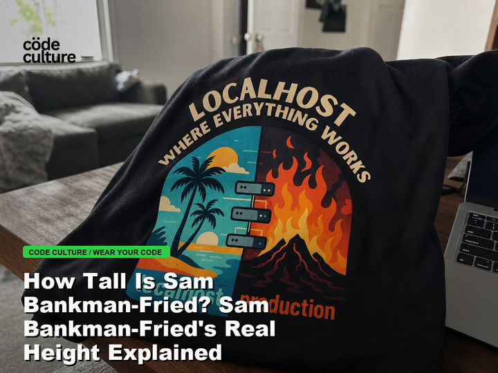 Code Culture blog banner for How Tall Is Sam Bankman-Fried? Sam Bankman-Fried's Real Height Explained, featuring a localhost production developer t-shirt.