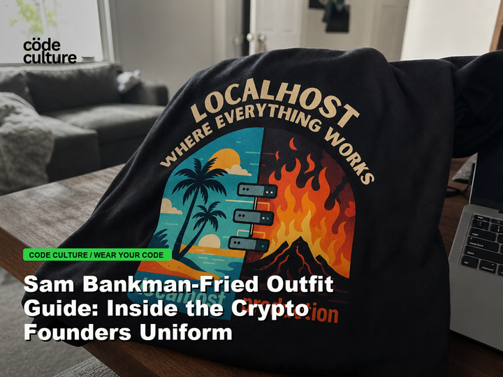 Code Culture blog banner for Sam Bankman-Fried Outfit Guide: Inside the Crypto Founders Uniform, featuring a localhost production developer t-shirt.