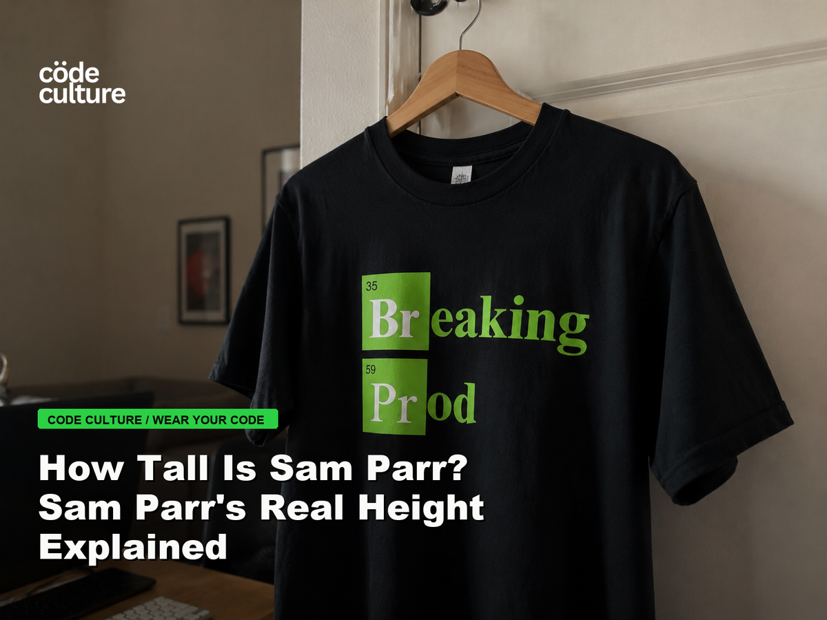 Code Culture blog banner for How Tall Is Sam Parr? Sam Parr's Real Height Explained, featuring a 35 breaking 59 prod developer t-shirt.