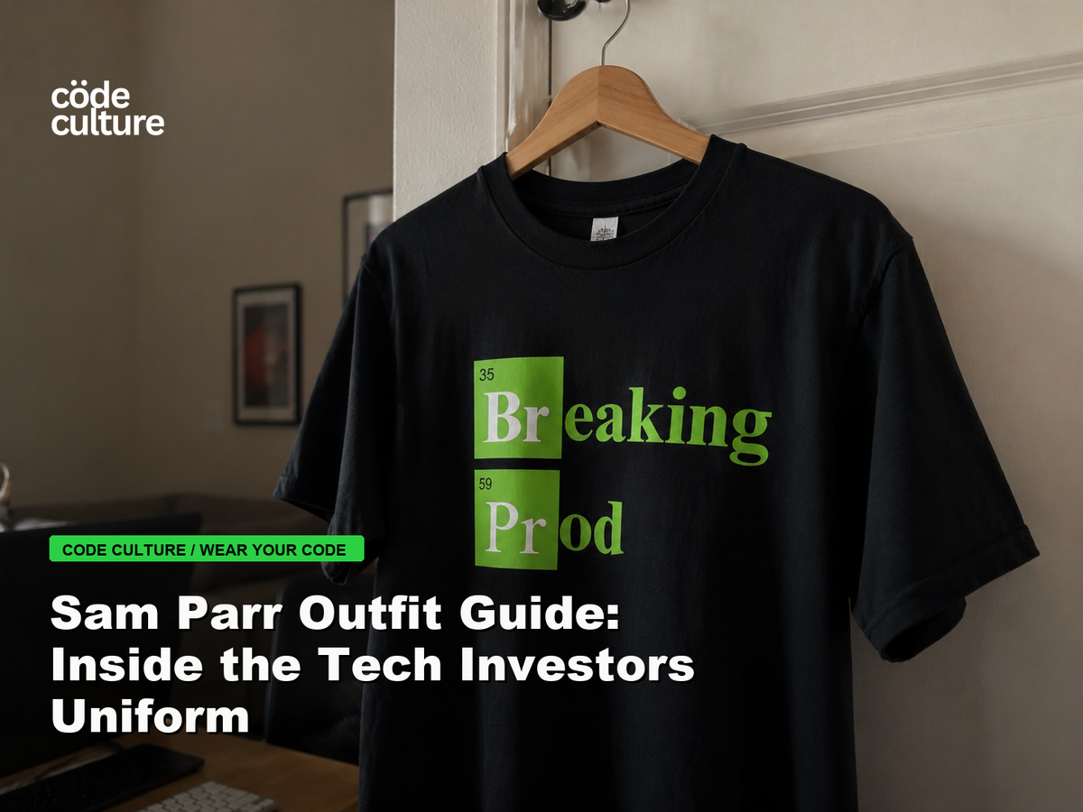 Code Culture blog banner for Sam Parr Outfit Guide: Inside the Tech Investors Uniform, featuring a 35 breaking 59 prod developer t-shirt.