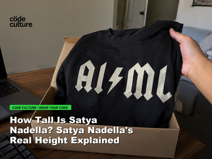 Code Culture blog banner for How Tall Is Satya Nadella? Satya Nadella's Real Height Explained, featuring a aiml 100416 developer t-shirt.