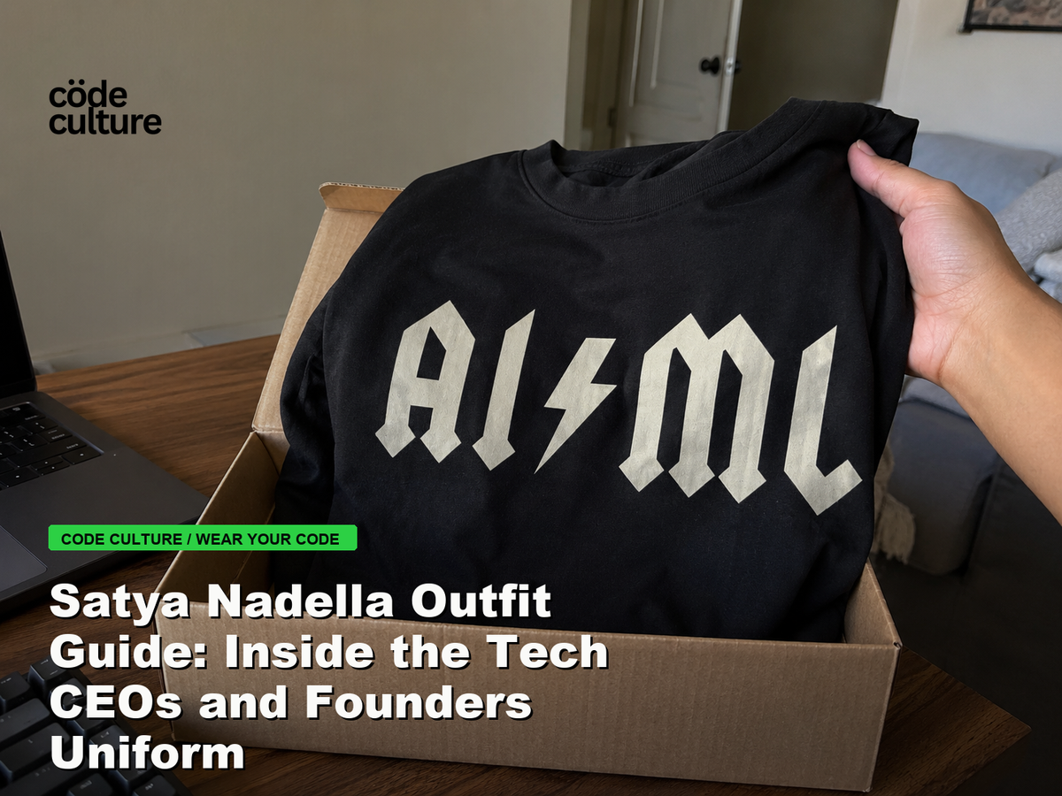 Code Culture blog banner for Satya Nadella Outfit Guide: Inside the Tech CEOs and Founders Uniform, featuring a aiml 100416 developer t-shirt.
