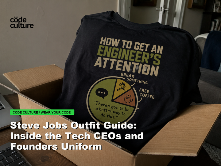 Code Culture blog banner for Steve Jobs Outfit Guide: Inside the Tech CEOs and Founders Uniform, featuring a how to get an engineer attention developer t-shirt.