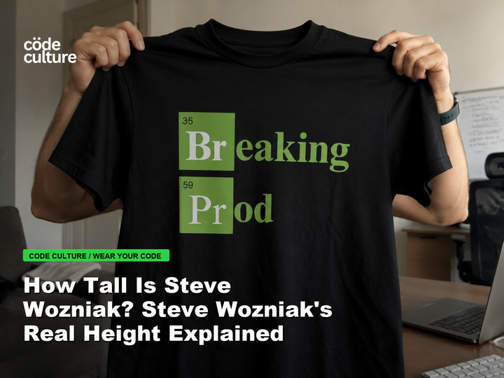 Code Culture blog banner for How Tall Is Steve Wozniak? Steve Wozniak's Real Height Explained, featuring a 35 breaking 59 prod developer t-shirt.