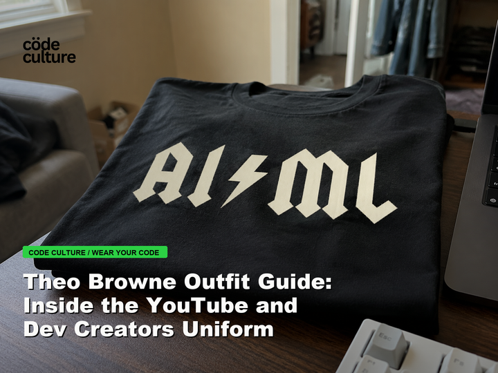 Code Culture blog banner for Theo Browne Outfit Guide: Inside the YouTube and Dev Creators Uniform, featuring a aiml 100416 developer t-shirt.