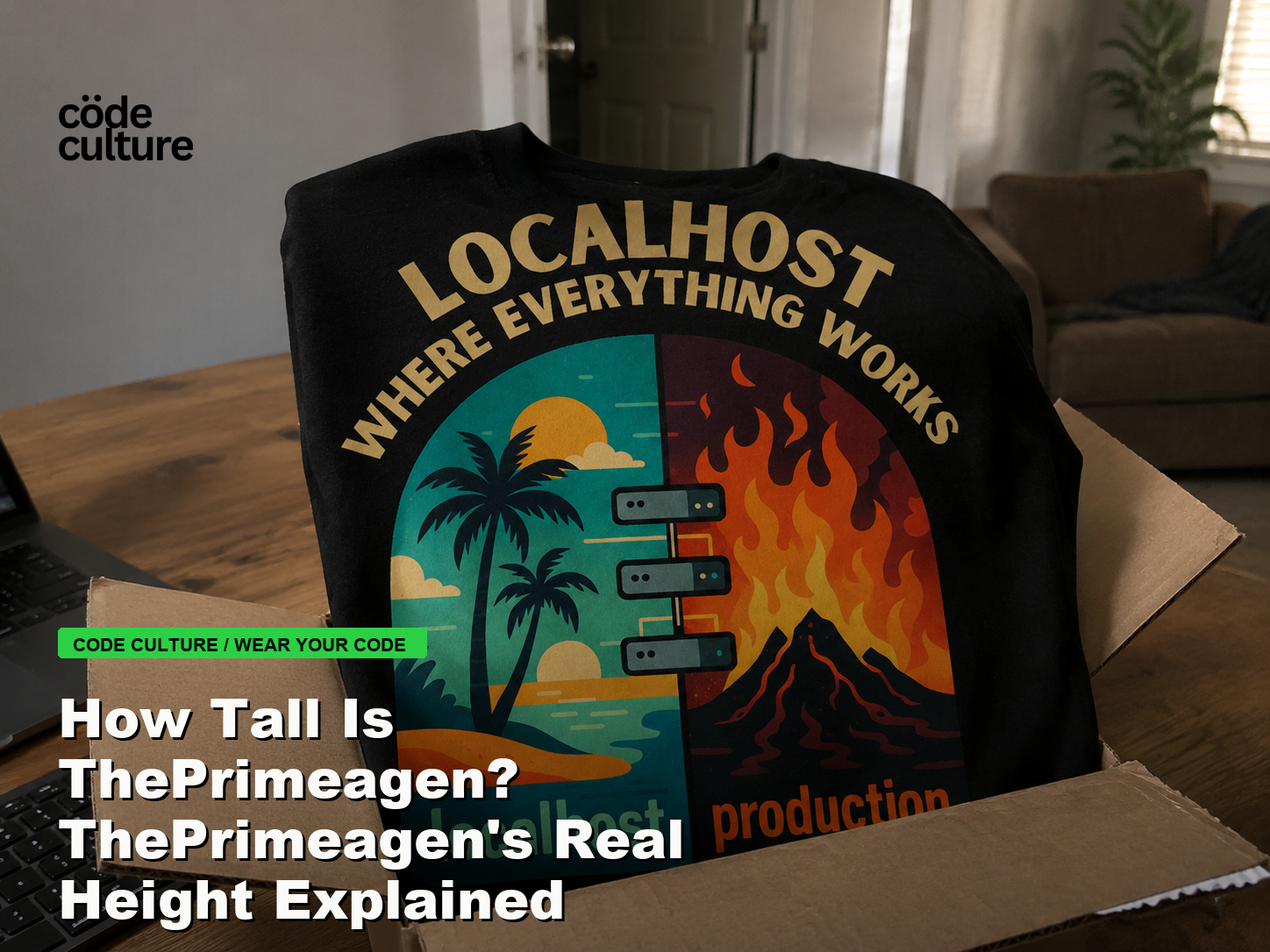 Code Culture blog banner for How Tall Is ThePrimeagen? ThePrimeagen's Real Height Explained, featuring a localhost production developer t-shirt.