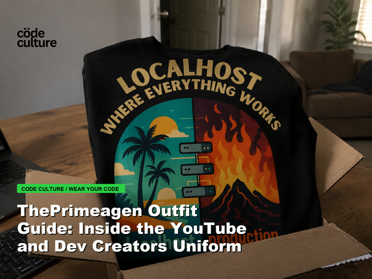 Code Culture blog banner for ThePrimeagen Outfit Guide: Inside the YouTube and Dev Creators Uniform, featuring a localhost production developer t-shirt.