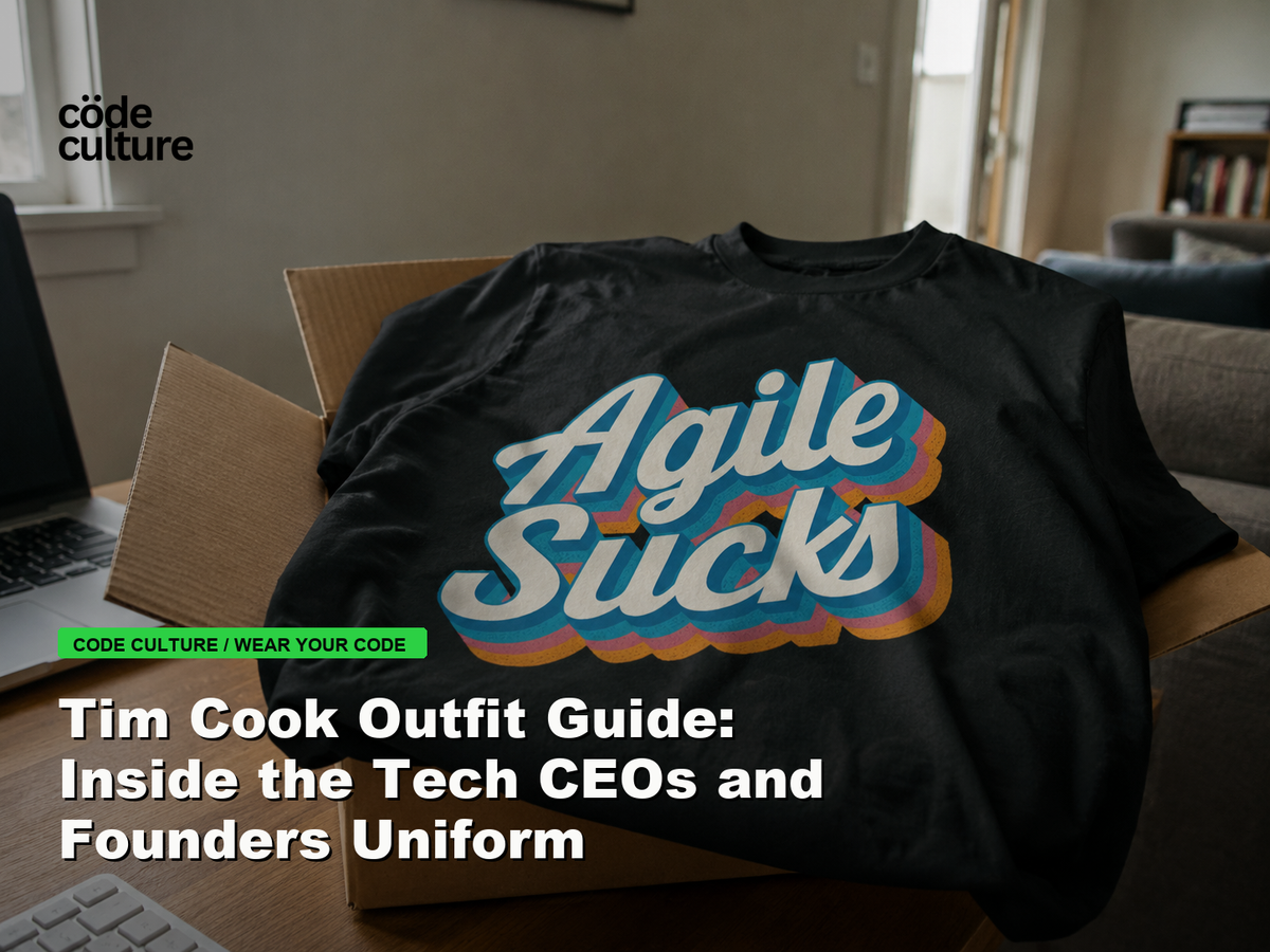 Code Culture blog banner for Tim Cook Outfit Guide: Inside the Tech CEOs and Founders Uniform, featuring a agile suck developer t-shirt.