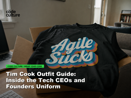 Code Culture blog banner for Tim Cook Outfit Guide: Inside the Tech CEOs and Founders Uniform, featuring a agile suck developer t-shirt.
