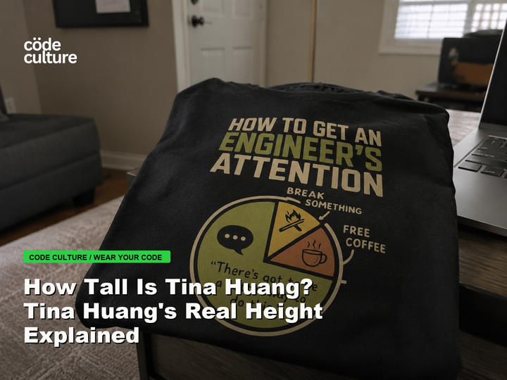 Code Culture blog banner for How Tall Is Tina Huang? Tina Huang's Real Height Explained, featuring a how to get an engineer attention developer t-shirt.