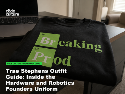 Code Culture blog banner for Trae Stephens Outfit Guide: Inside the Hardware and Robotics Founders Uniform, featuring a 35 breaking 59 prod developer t-shirt.