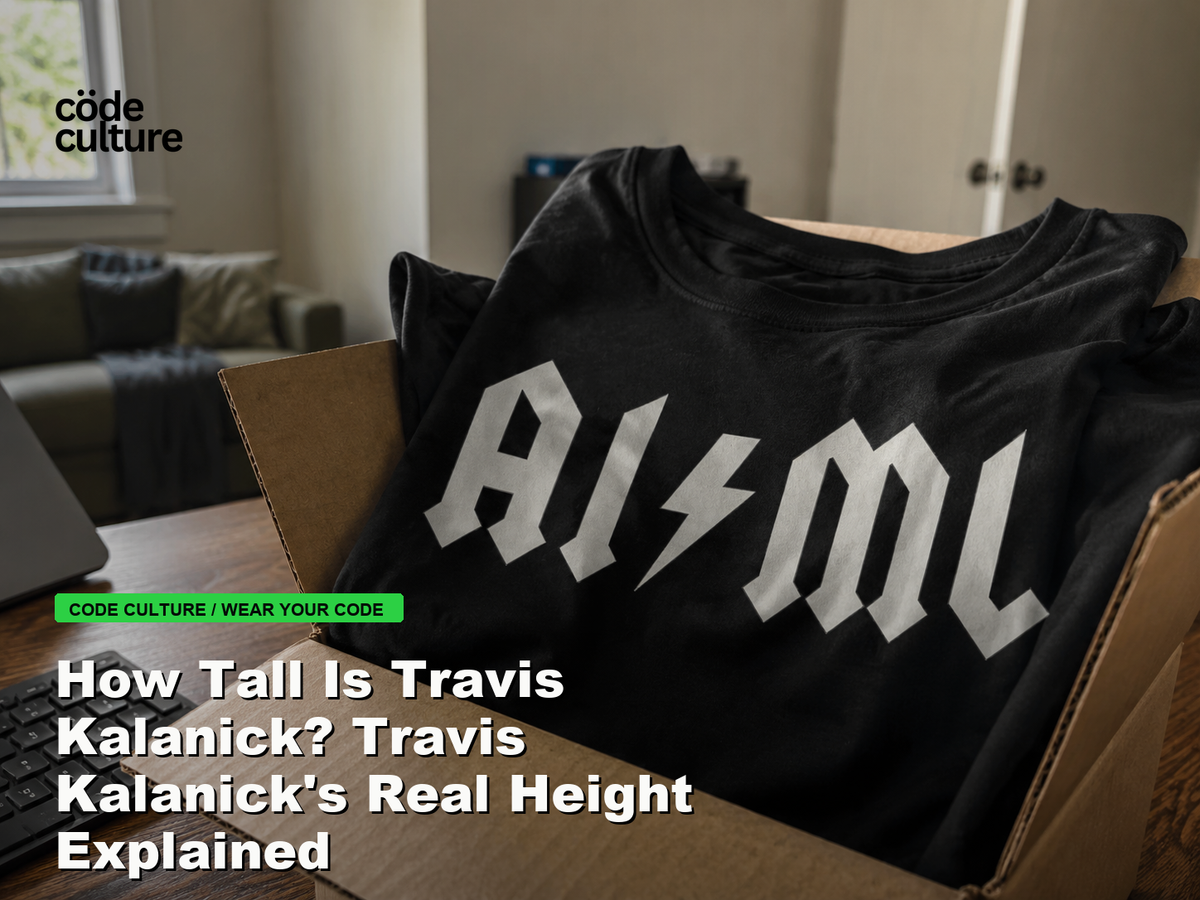 Code Culture blog banner for How Tall Is Travis Kalanick? Travis Kalanick's Real Height Explained, featuring a aiml 100416 developer t-shirt.