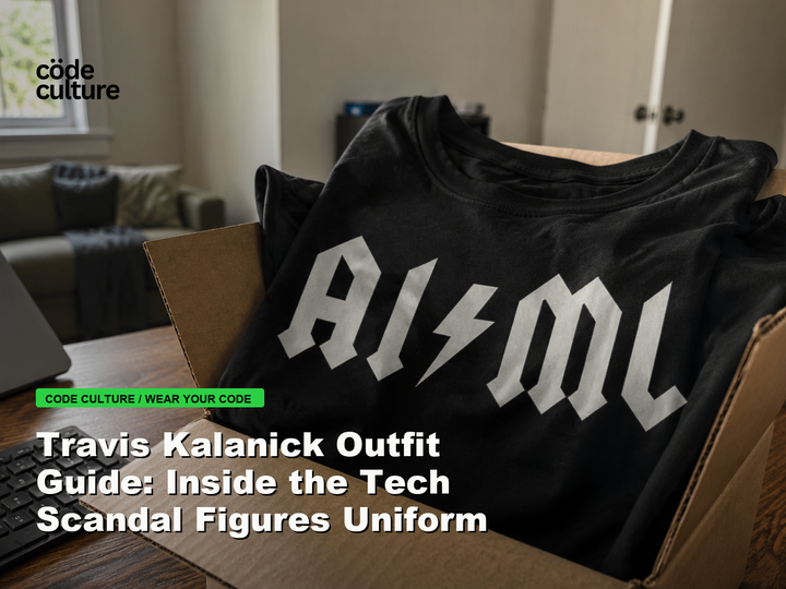 Code Culture blog banner for Travis Kalanick Outfit Guide: Inside the Tech Scandal Figures Uniform, featuring a aiml 100416 developer t-shirt.