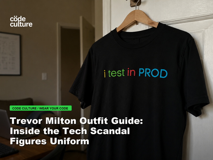 Code Culture blog banner for Trevor Milton Outfit Guide: Inside the Tech Scandal Figures Uniform, featuring a i test in prod developer t-shirt.