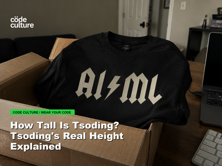 Code Culture blog banner for How Tall Is Tsoding? Tsoding's Real Height Explained, featuring a aiml 100416 developer t-shirt.