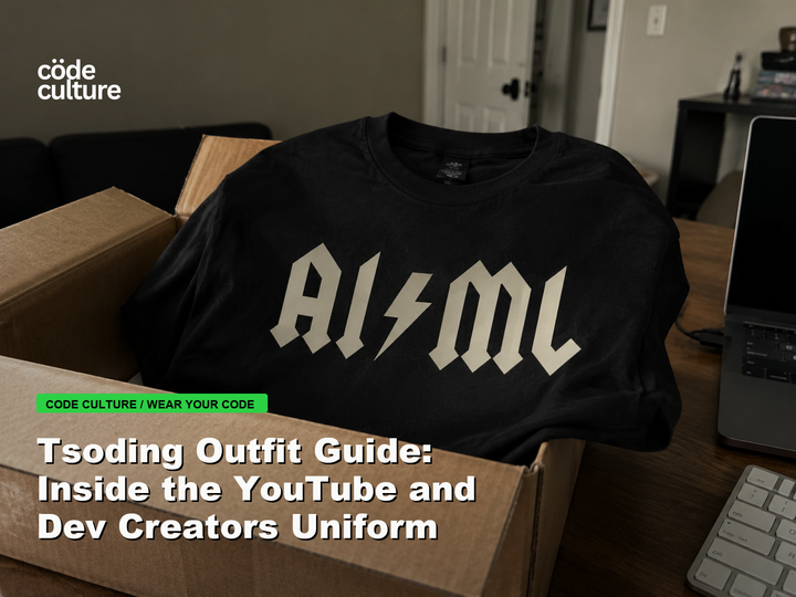 Code Culture blog banner for Tsoding Outfit Guide: Inside the YouTube and Dev Creators Uniform, featuring a aiml 100416 developer t-shirt.