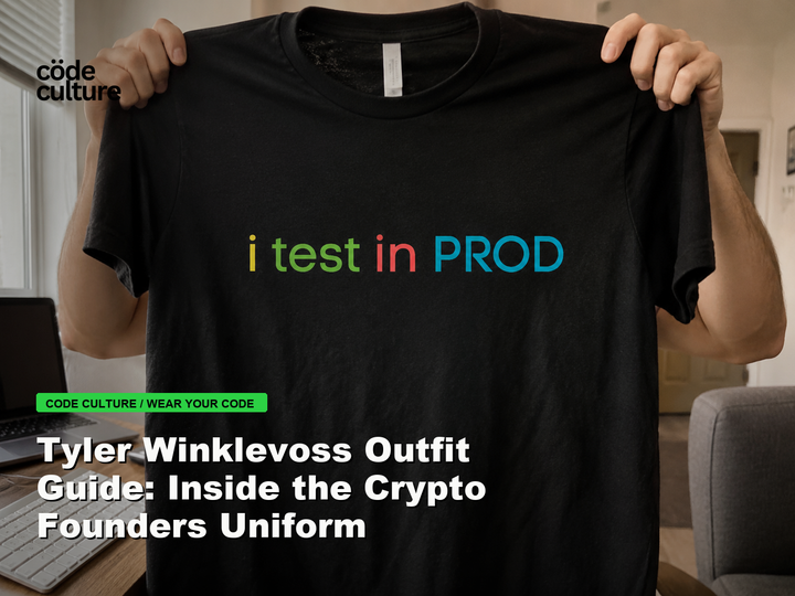 Code Culture blog banner for Tyler Winklevoss Outfit Guide: Inside the Crypto Founders Uniform, featuring a i test in prod developer t-shirt.