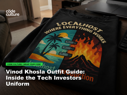 Code Culture blog banner for Vinod Khosla Outfit Guide: Inside the Tech Investors Uniform, featuring a localhost production developer t-shirt.