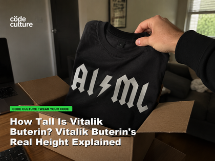 Code Culture blog banner for How Tall Is Vitalik Buterin? Vitalik Buterin's Real Height Explained, featuring a aiml 100416 developer t-shirt.