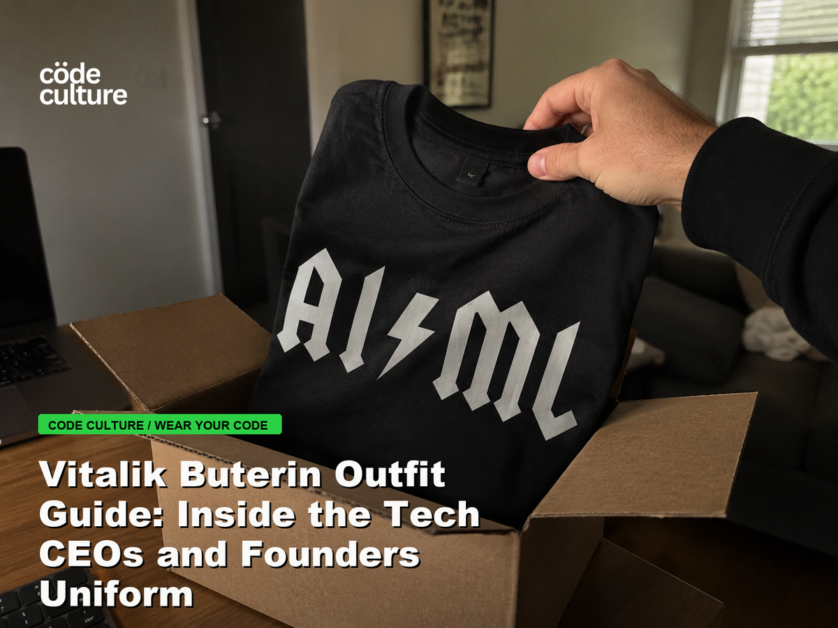 Code Culture blog banner for Vitalik Buterin Outfit Guide: Inside the Tech CEOs and Founders Uniform, featuring a aiml 100416 developer t-shirt.