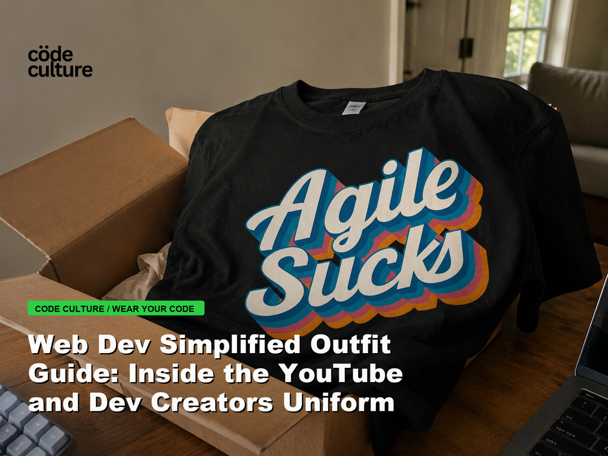 Code Culture blog banner for Web Dev Simplified Outfit Guide: Inside the YouTube and Dev Creators Uniform, featuring a agile suck developer t-shirt.