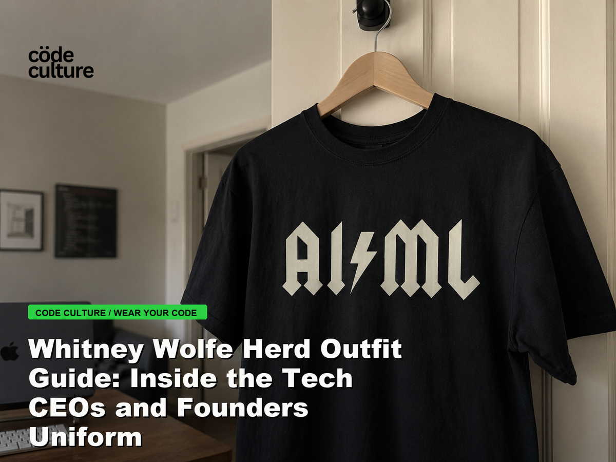Code Culture blog banner for Whitney Wolfe Herd Outfit Guide: Inside the Tech CEOs and Founders Uniform, featuring a aiml 100416 developer t-shirt.