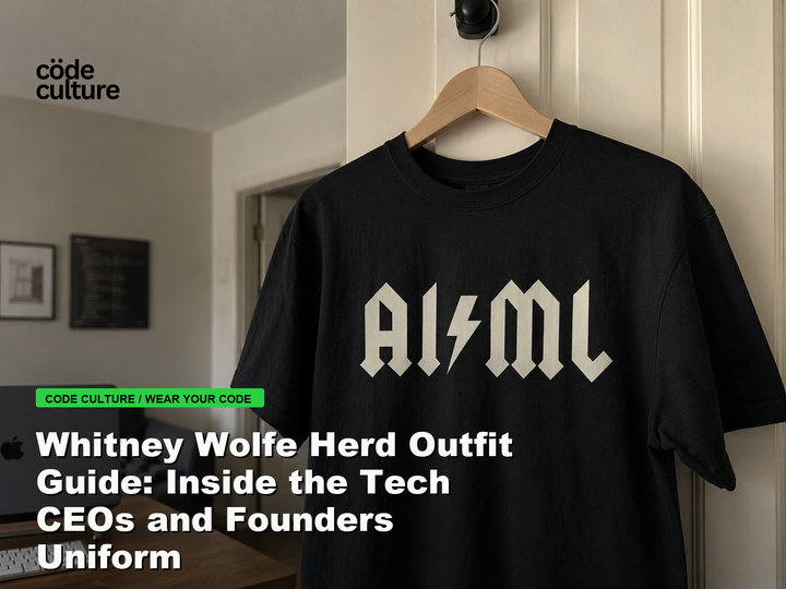 Code Culture blog banner for Whitney Wolfe Herd Outfit Guide: Inside the Tech CEOs and Founders Uniform, featuring a aiml 100416 developer t-shirt.