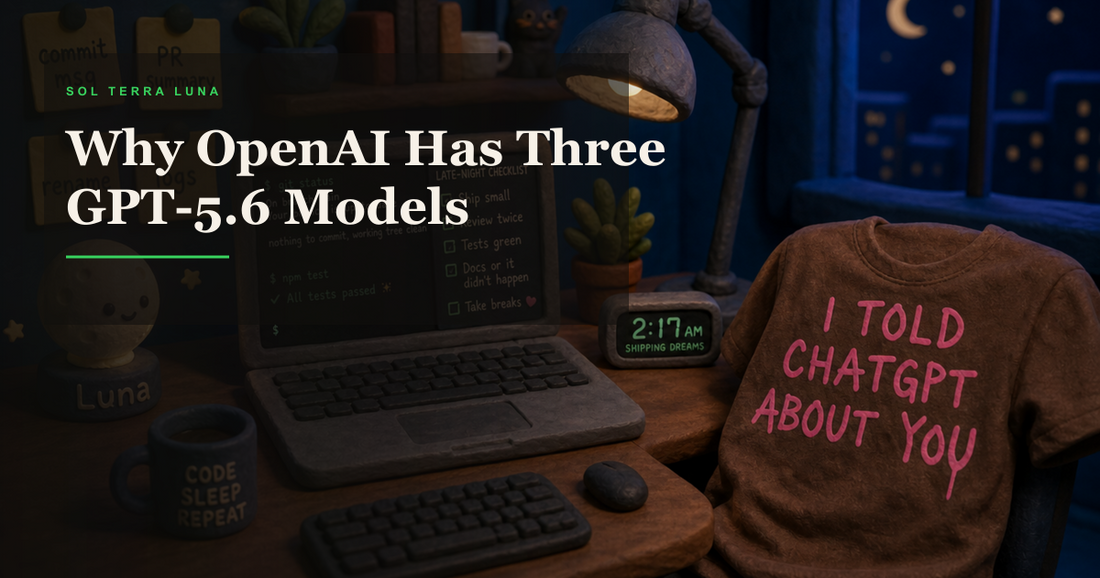 AI coding desk with ChatGPT shirt and Luna lamp explaining why GPT-5.6 has three models