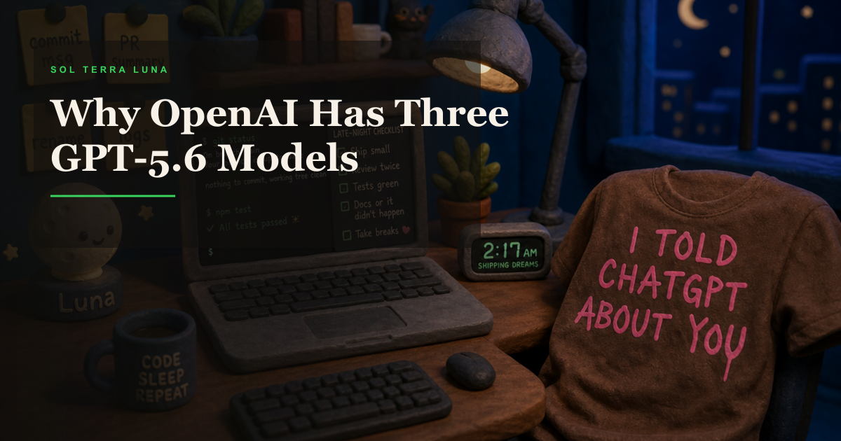 AI coding desk with ChatGPT shirt and Luna lamp explaining why GPT-5.6 has three models