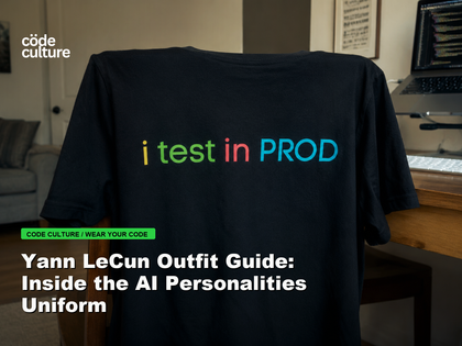 Code Culture blog banner for Yann LeCun Outfit Guide: Inside the AI Personalities Uniform, featuring a i test in prod developer t-shirt.