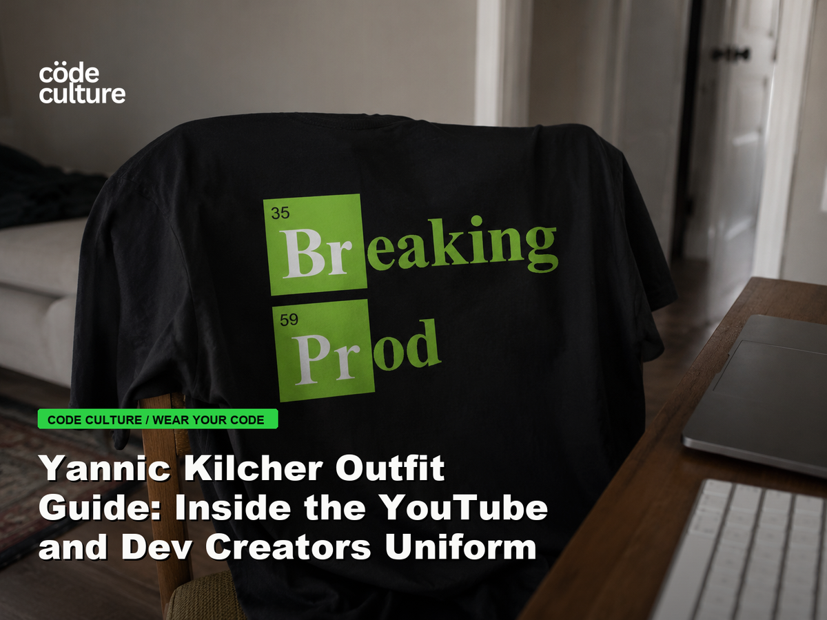 Code Culture blog banner for Yannic Kilcher Outfit Guide: Inside the YouTube and Dev Creators Uniform, featuring a 35 breaking 59 prod developer t-shirt.