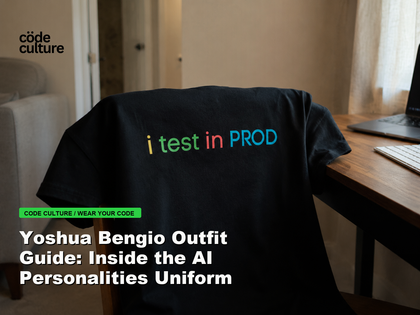 Code Culture blog banner for Yoshua Bengio Outfit Guide: Inside the AI Personalities Uniform, featuring a i test in prod developer t-shirt.