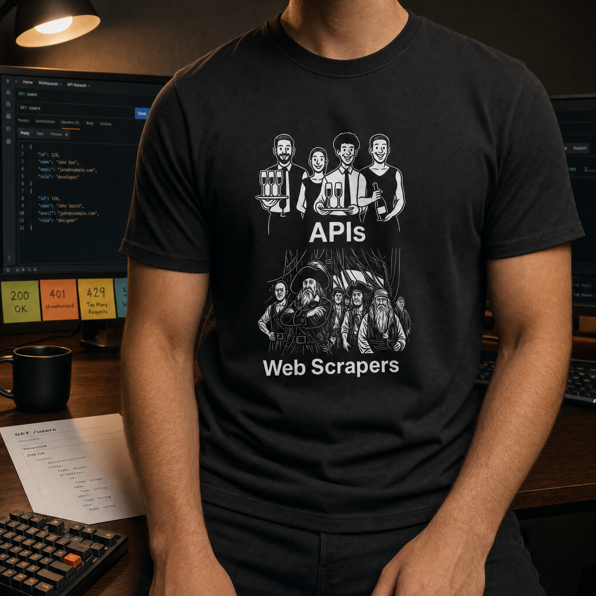 backend-dev-tees — featuring apis vs webscrapers shirt