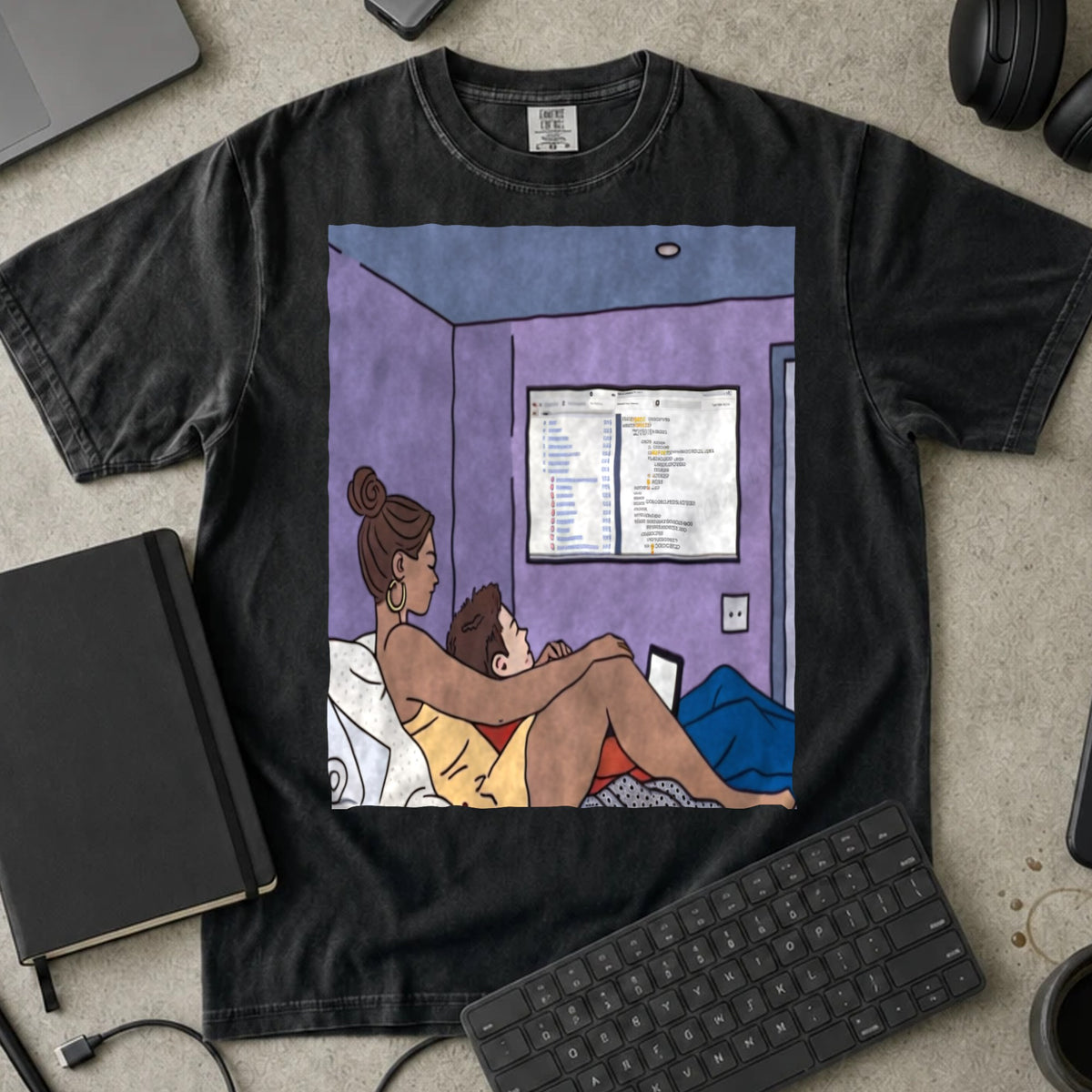 Late Night Code Review Shirt in Black, Comfort Colors 1717 tee flat lay