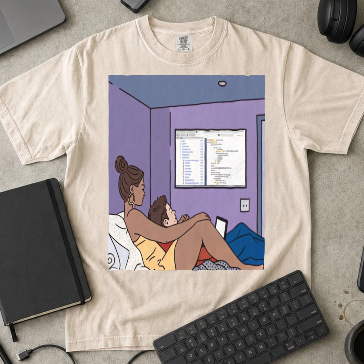 Late Night Code Review Shirt in Ivory, Comfort Colors 1717 tee flat lay