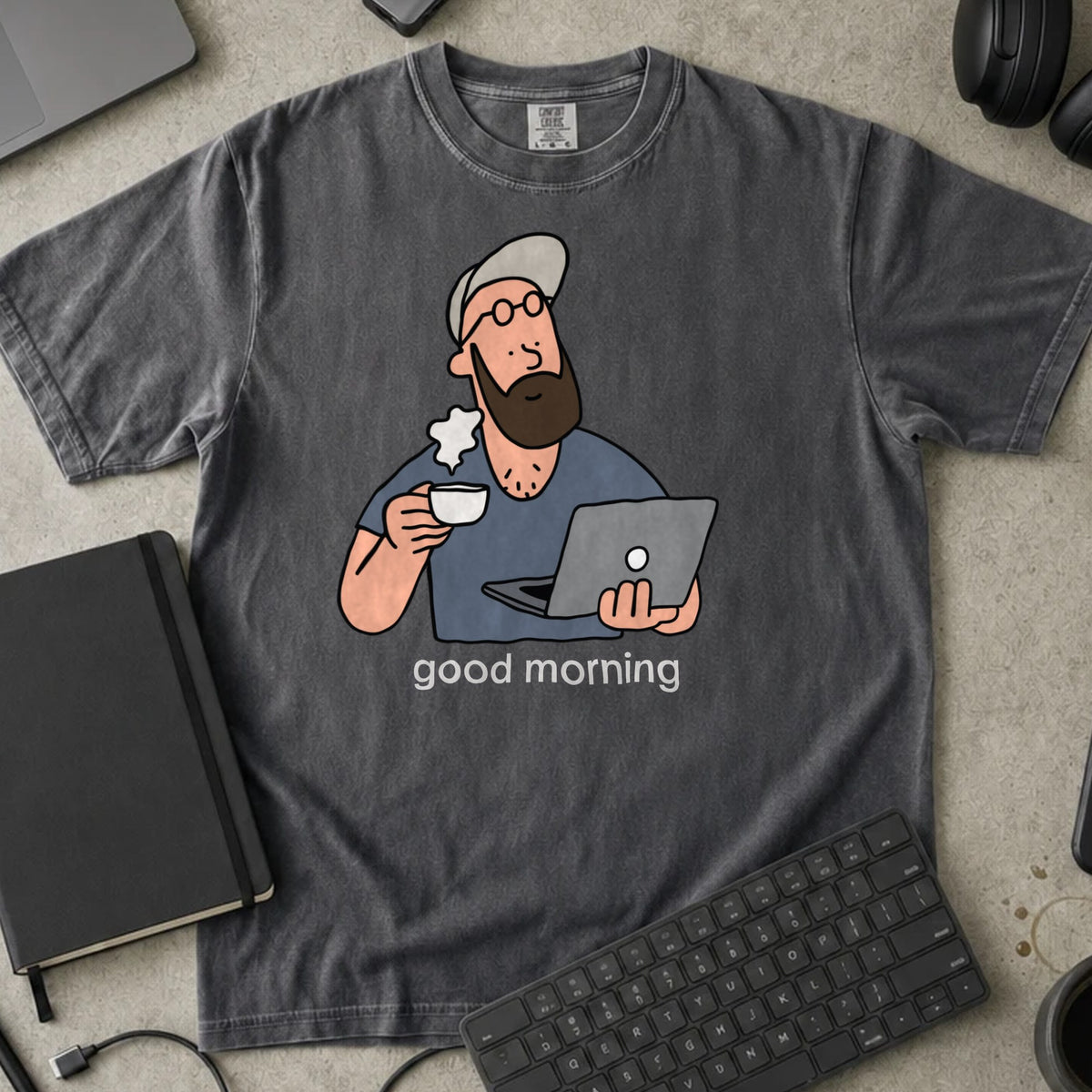 Good Morning Coffee Coder Shirt in Pepper, Comfort Colors 1717 tee flat lay