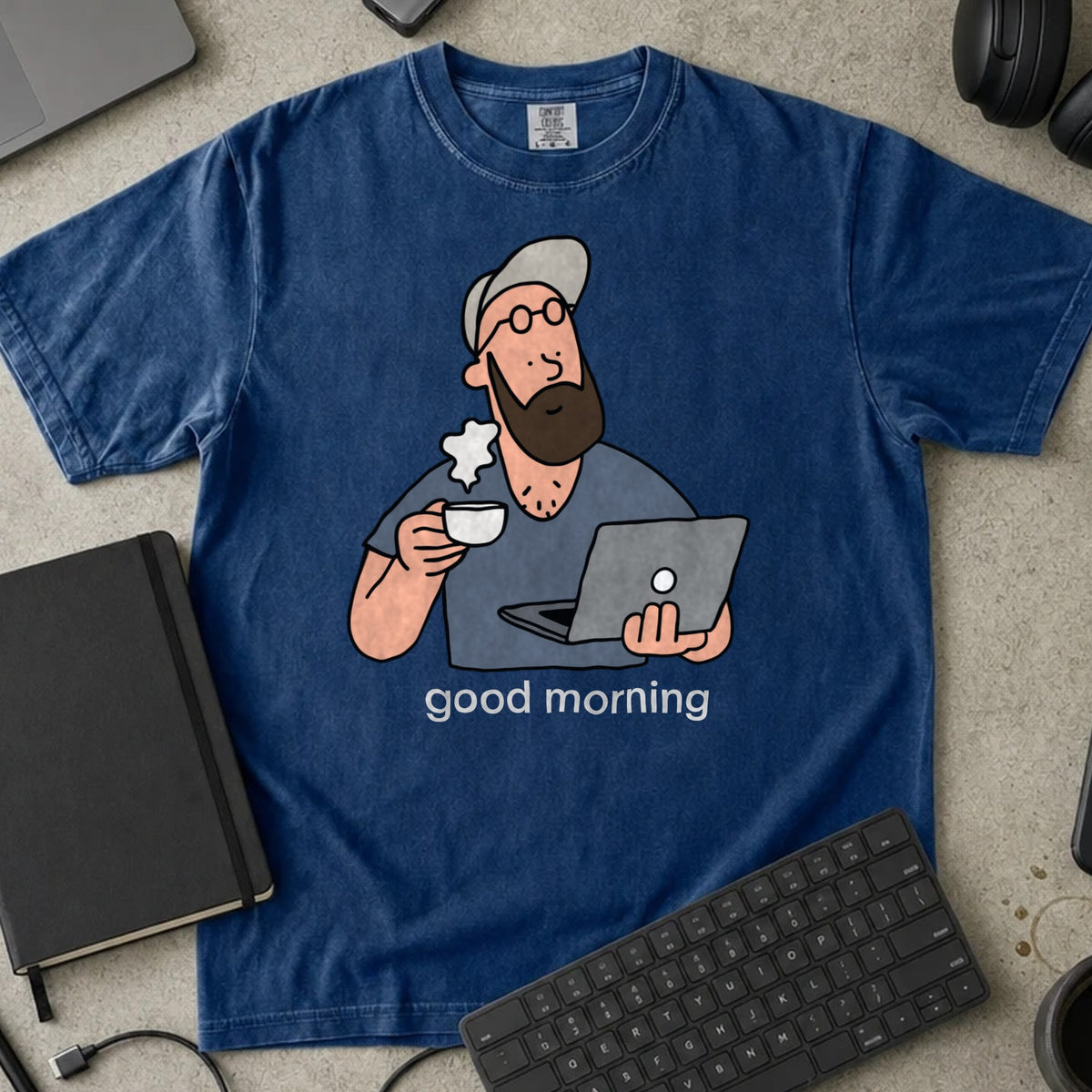 Good Morning Coffee Coder Shirt in True Navy, Comfort Colors 1717 tee flat lay