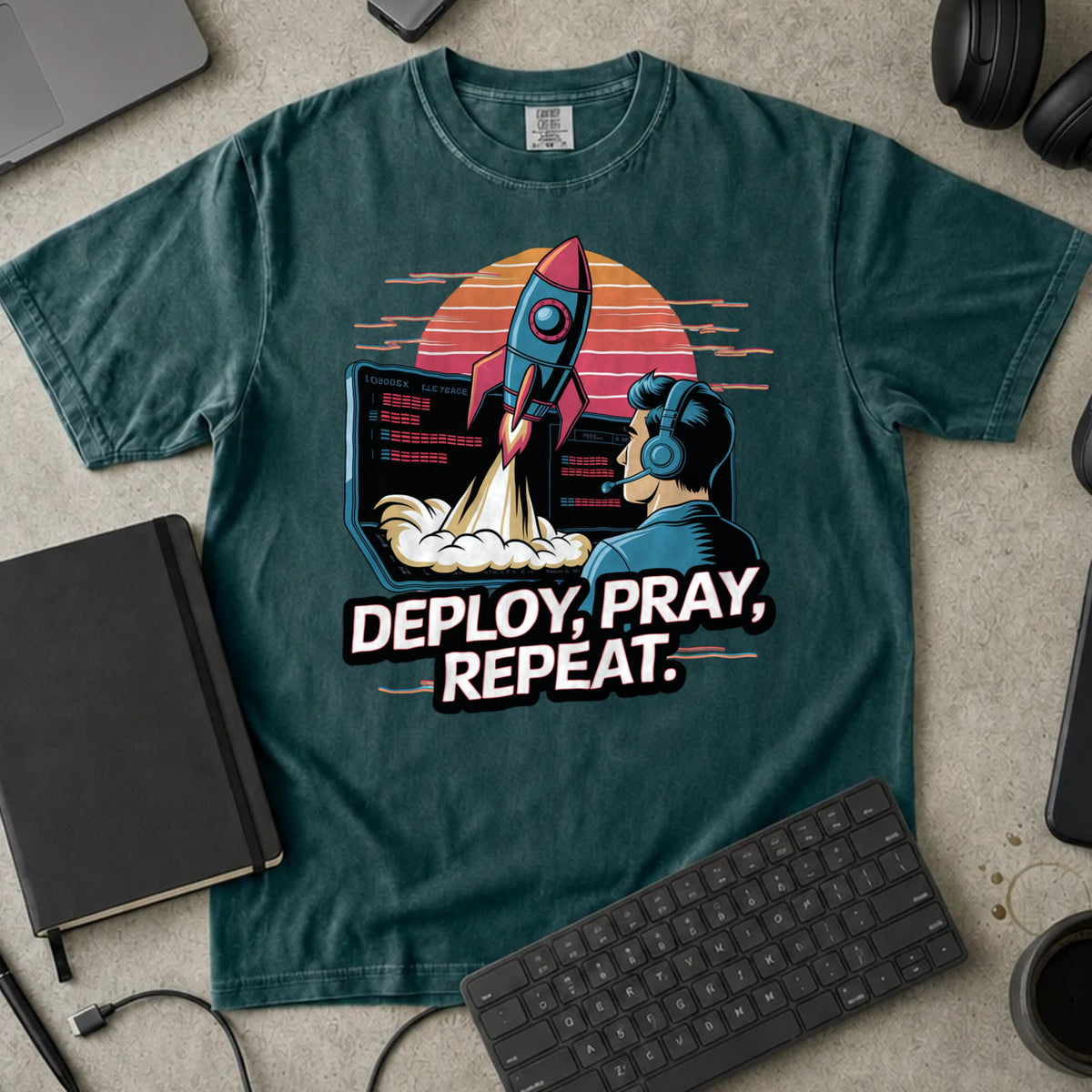 Deploy Pray Repeat Shirt in Blue Spruce, Comfort Colors 1717 tee flat lay