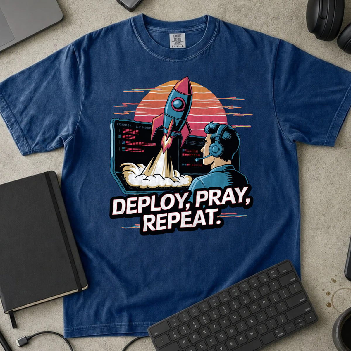 Deploy Pray Repeat Shirt in True Navy, Comfort Colors 1717 tee flat lay