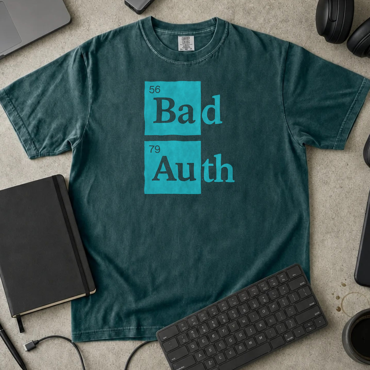 Bad Auth Periodic Table Shirt in Blue Spruce, Comfort Colors 1717 tee flat lay
