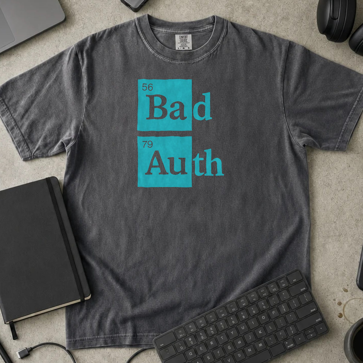 Bad Auth Periodic Table Shirt in Pepper, Comfort Colors 1717 tee flat lay