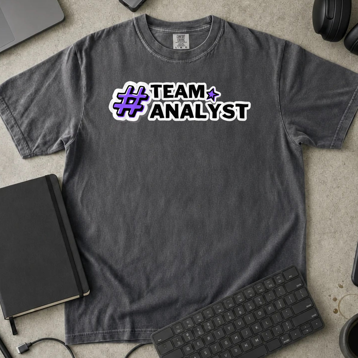 Team Analyst Shirt in Pepper, Comfort Colors 1717 tee flat lay