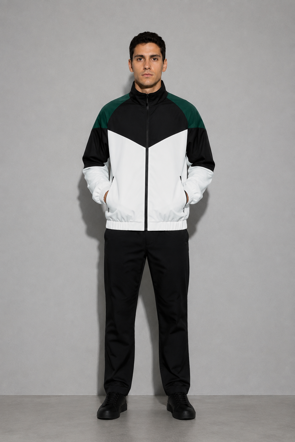 Men’s Colorblock Lightweight Sports Jacket | Black And White | full body | CodeCulture catalog