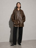 Women's Retro Motorcycle PU Leather Jacket with Bag in Red Brown With Bag, 01 main, worn by model