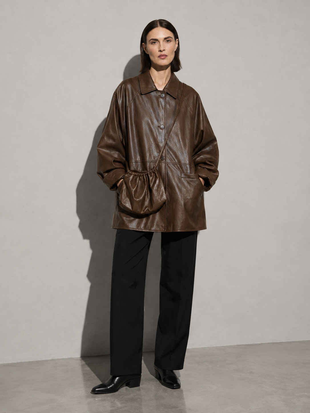 Women's Retro Motorcycle PU Leather Jacket with Bag in Red Brown With Bag, 01 main, worn by model
