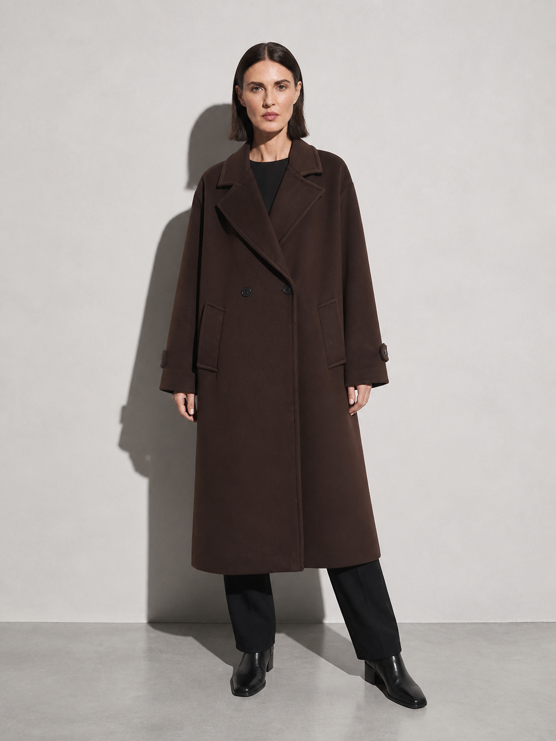 Women's Wide-Cut Reddish Brown Long Coat in Reddish Brown, 01 main, worn by model