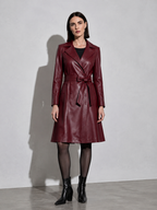 Women's PU Leather Mid-Length Windbreaker in Red, 01 main, worn by model