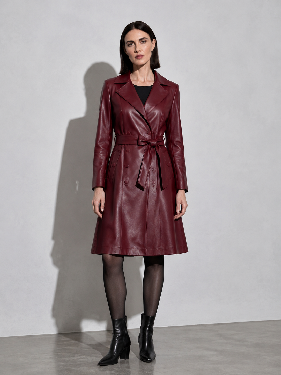 Women's PU Leather Mid-Length Windbreaker in Red, 01 main, worn by model